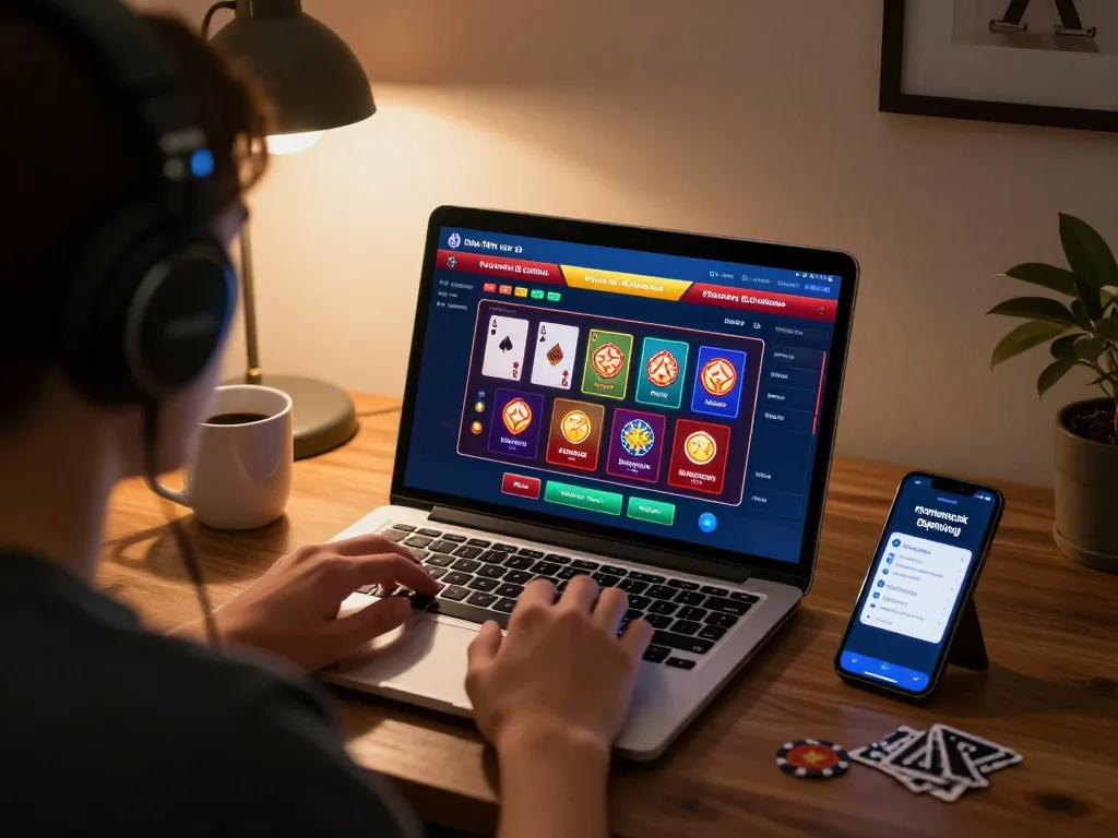 Engaging in metamask gambling on a laptop, showcasing an online casino interface in a cozy home setup.