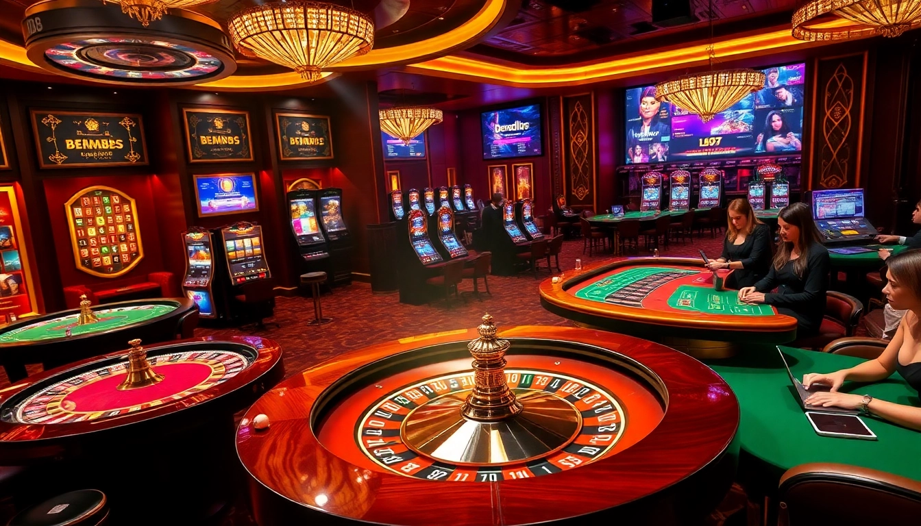 Experience the excitement of bem88 at a luxurious casino featuring roulette tables and vibrant gameplay.