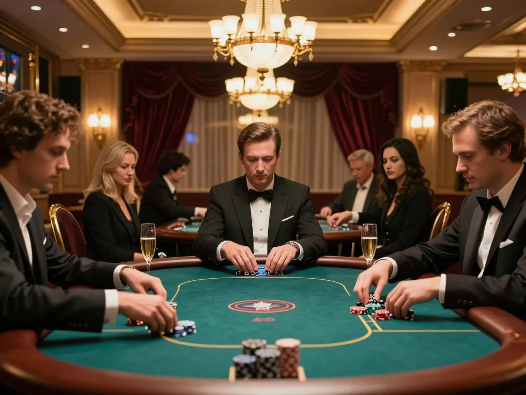 Engaged players at a high-end MEGA888 poker game in an upscale casino's VIP area.