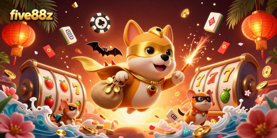 Vivid illustration showcasing five88z's animated casino adventure with a superhero dog, spinning slots, and festive decorations.