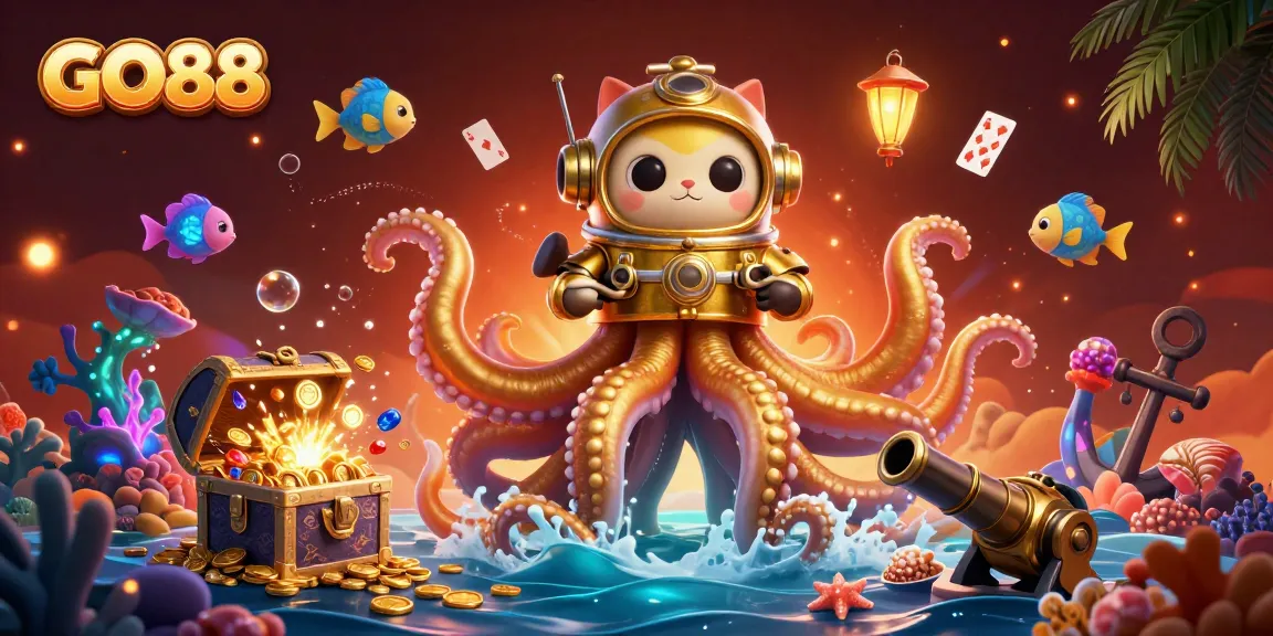 Experience the GO88 thrill with a kraken in a treasure-filled ocean, bringing the ultimate casino adventure.