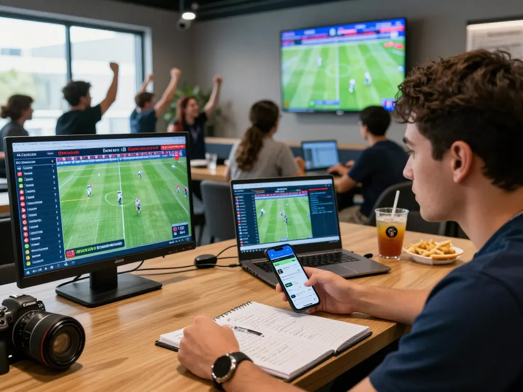 Exciting sports lounge scene analyzing kèo nhà cái during live football matches.