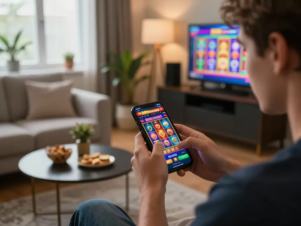 Player engaging with the 888newcasino app on their smartphone in a cozy home setting, showcasing online gaming excitement.