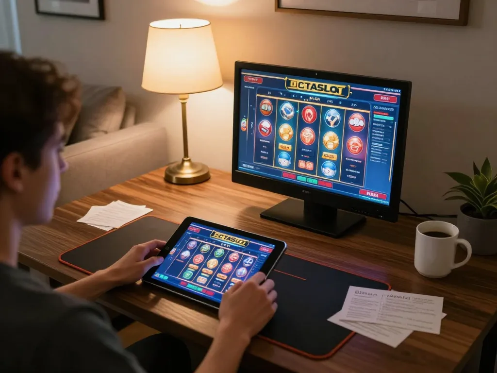 Experience fast-paced gaming with OCTASLOT on a tablet in a cozy living room setting