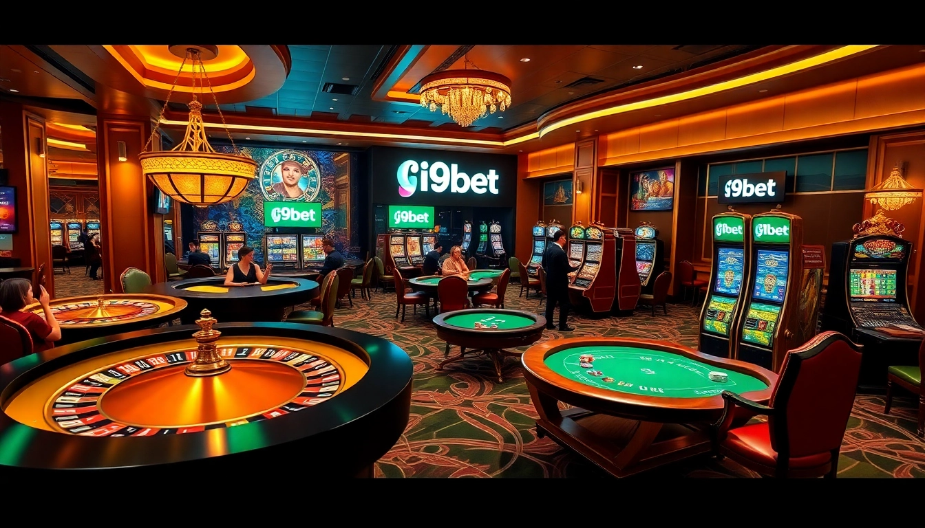 I9BET casino scene showcasing slot machines and poker players, emphasizing a luxurious gambling experience.