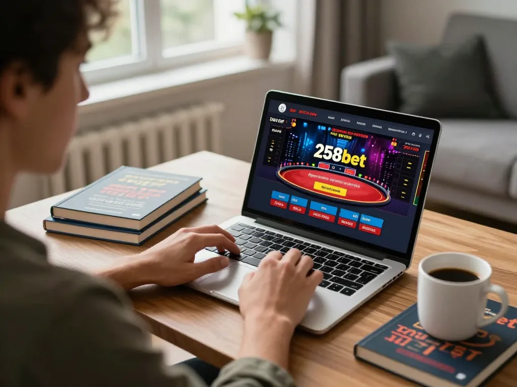 Engaged gamer using the 258bet download app on laptop showcasing excitement in a stylish home setup.