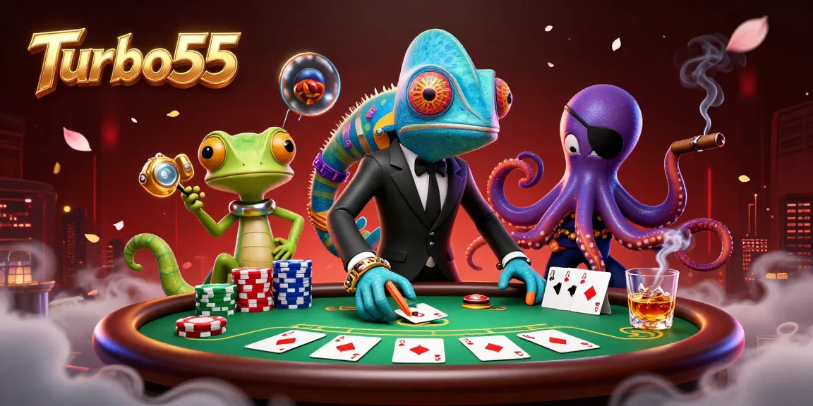Turbo55 showcases thrilling poker action with vibrant animated characters and game elements.
