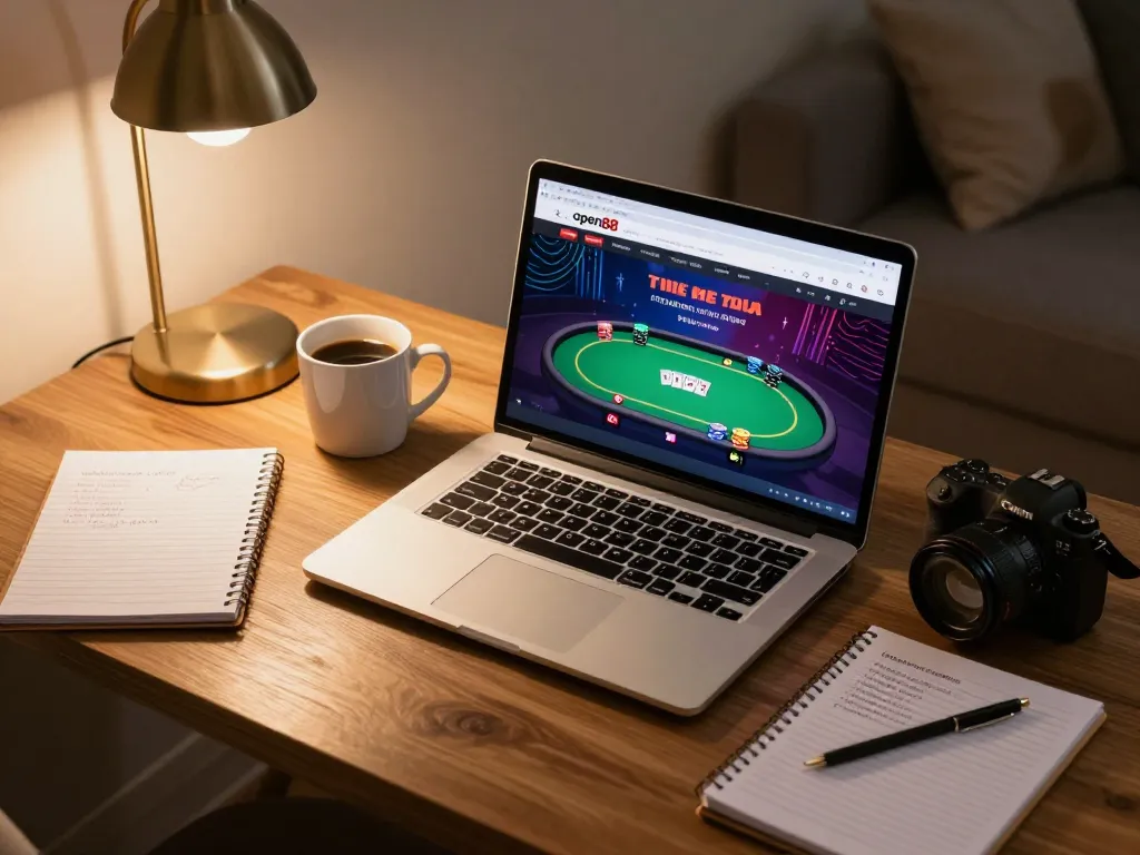 Experience online gaming strategies at open88 with a cozy home setup featuring poker excitement.