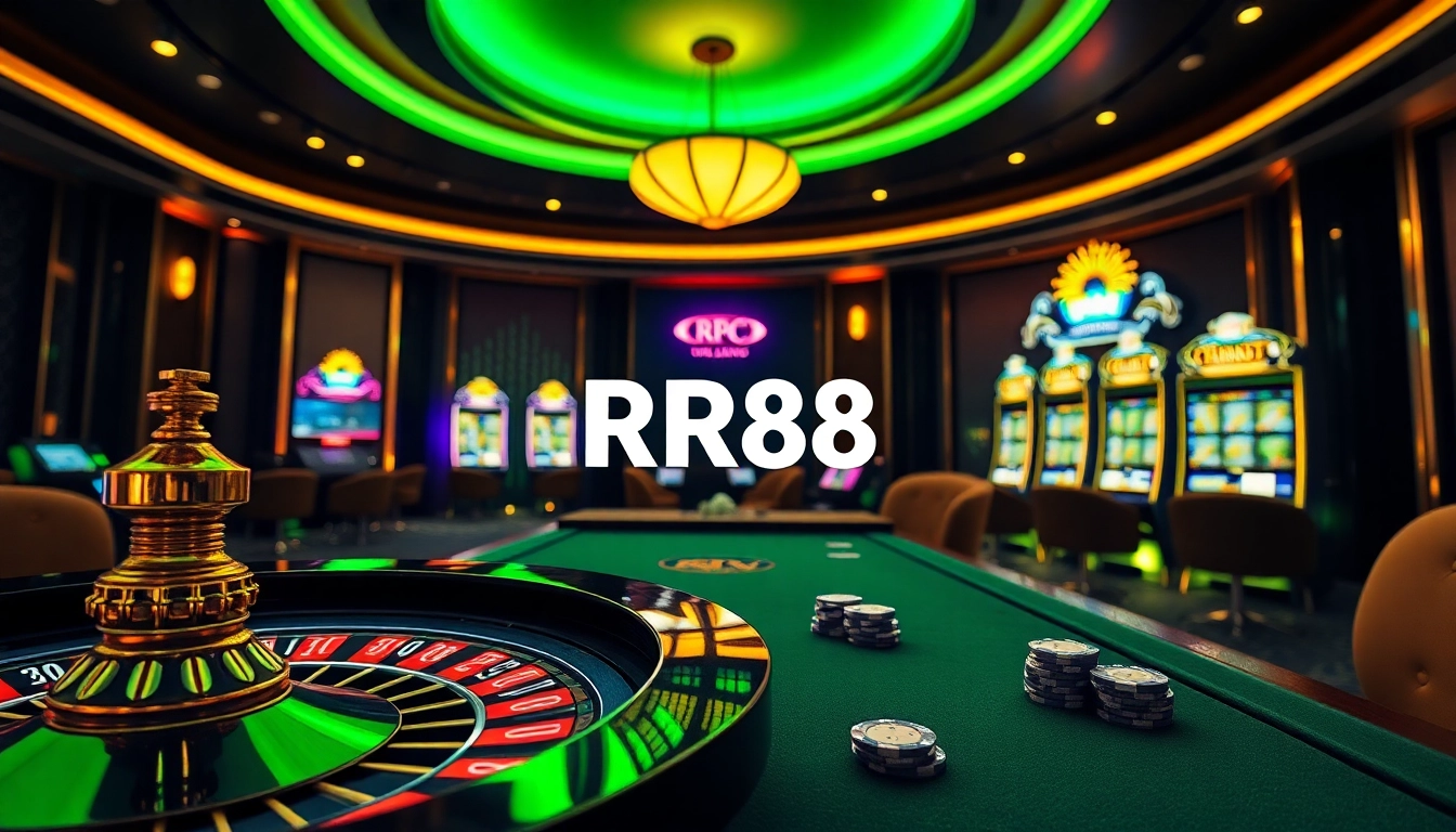 Experience the thrill of RR88 online gambling with an upscale casino atmosphere featuring roulette, poker chips, and more.