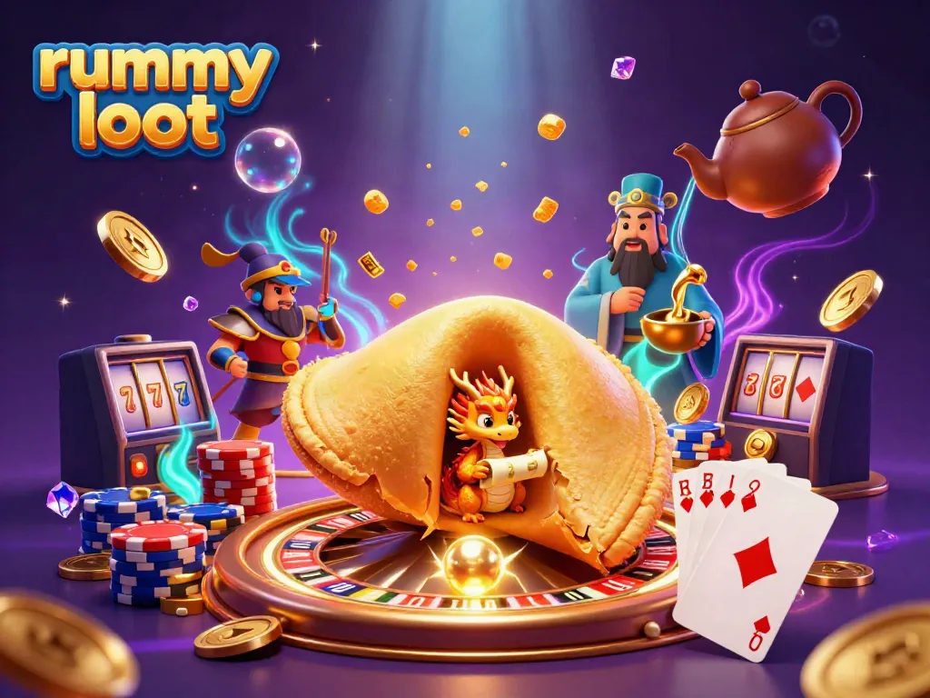 Engage with the thrilling rummy loot experience represented in a colorful 3D illustration showcasing fortune cookies and gameplay elements.
