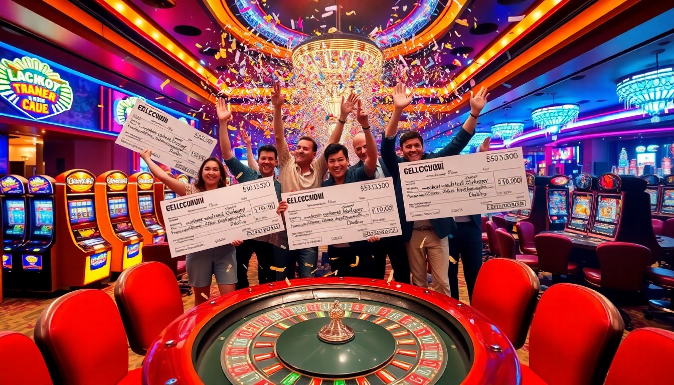 Celebrating an explosion of a prize-winning lottery amidst a vibrant casino atmosphere.
