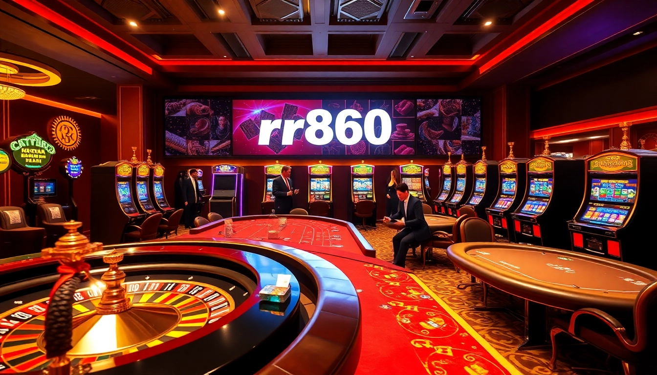 Gambling excitement at RR888 with vibrant casinos, roulette, and dynamic slot machines.