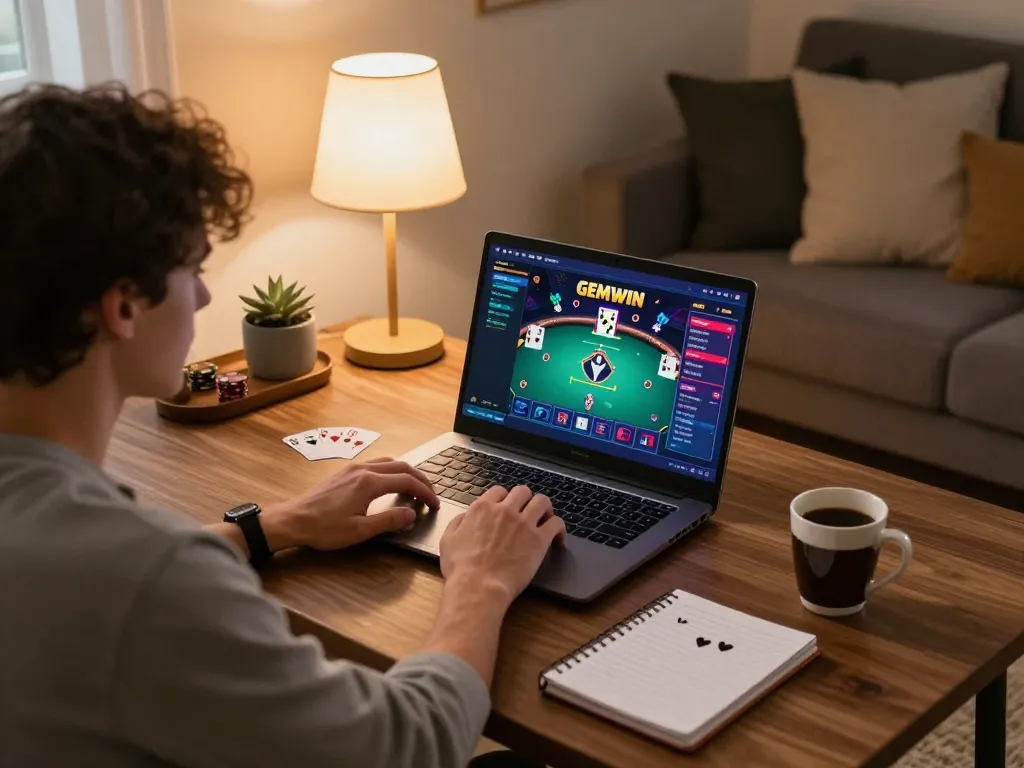 Engaging user enjoying GEMWIN poker game on a laptop at home.