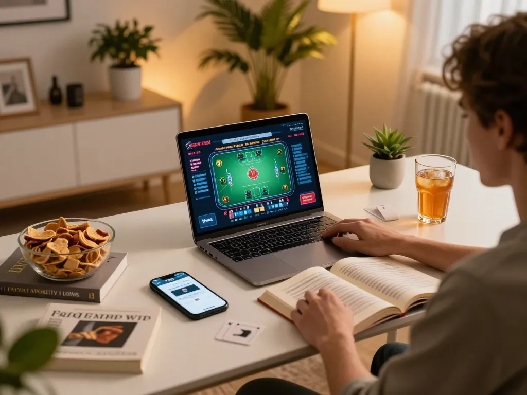 Player engaged on KK Vin app during cozy home gaming session, showcasing responsible strategy.