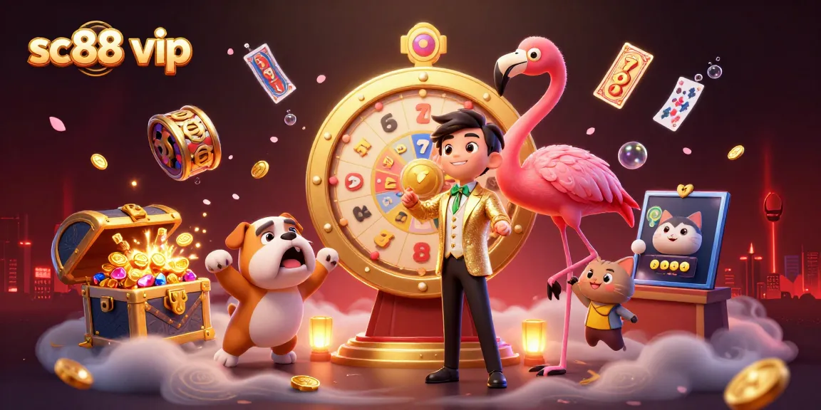 Engage with sc88 vip in a vibrant online casino scene featuring spinning prize wheels and dynamic game elements.