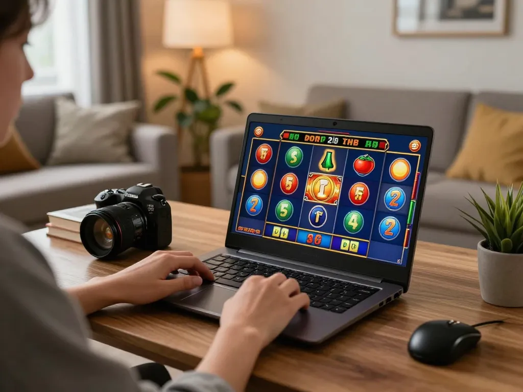 Gsc108 Daftar pengaturan permainan slot online yang menunjukkan gameplay yang hidup di layar laptop.