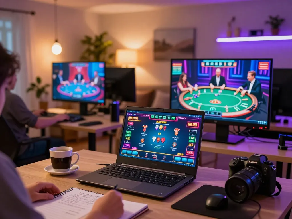 KJC online gaming scene featuring a player engaged in poker strategy on a laptop in a stylish home setting.