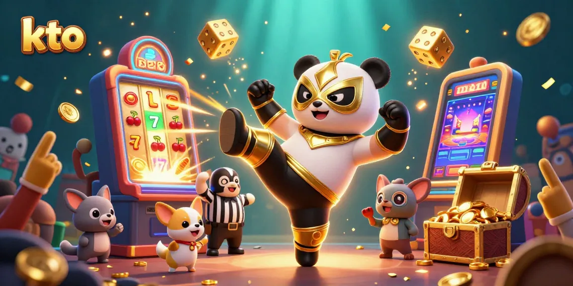 Catch thrilling action with kto as a 3D panda wrestler flies through the casino scene, surrounded by vibrant gaming elements.