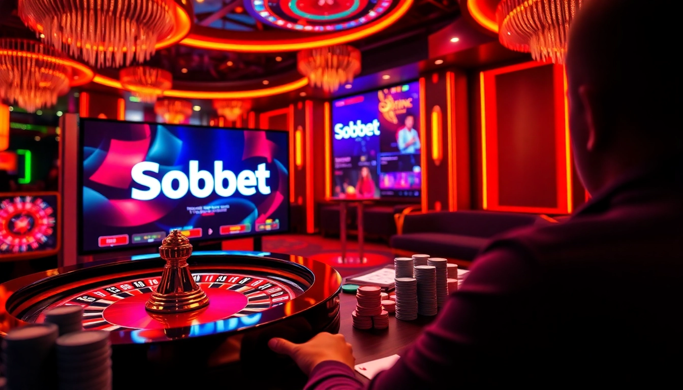 Engage with sbobet login indonesia in a vibrant online gambling scene filled with roulette wheels and poker chips.