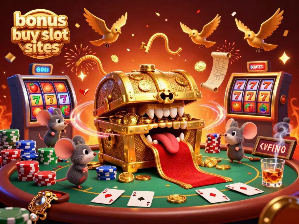 Engage with bonus buy slot sites featuring a dynamic casino scene with colorful slots and animated characters.