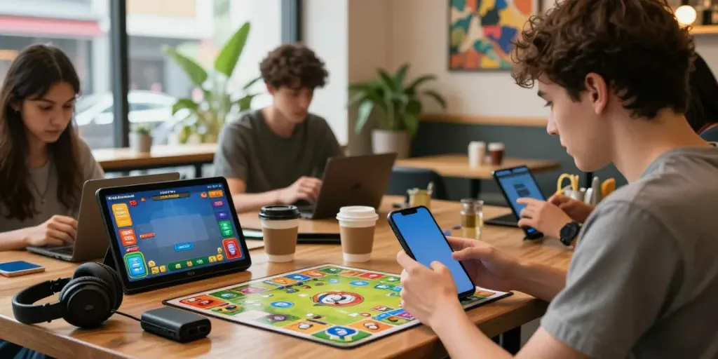 Excited player enjoying Rumble Rummy on a smartphone at a café.