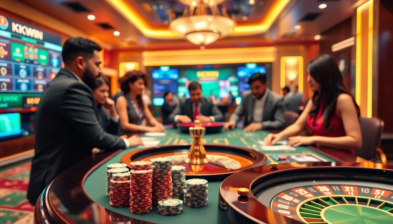 Kkwin players engaged in a thrilling casino game, showcasing excitement and professional gaming atmosphere.