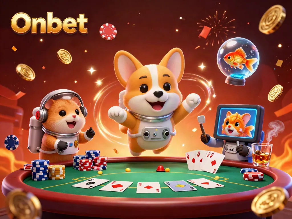 Onbet casino scene with a floating corgi, hamster, and goldfish surrounded by poker elements