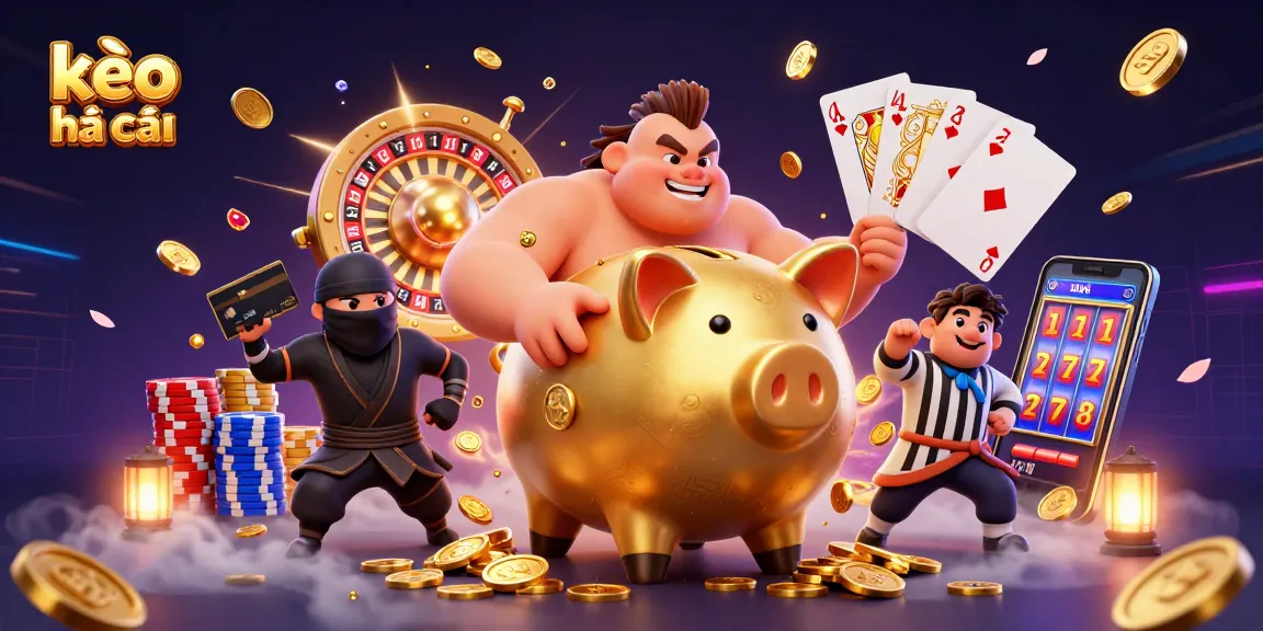 Kèo nhà cái offers expert sports betting insights with vibrant 3D illustration of piggy bank sumo wrestler and ninja.
