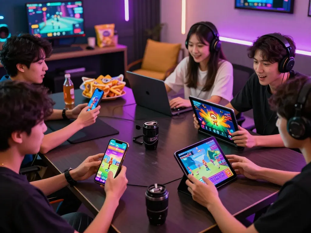 Players enjoying their exciting game session while tải game b52 club on various devices in a lively gaming environment.