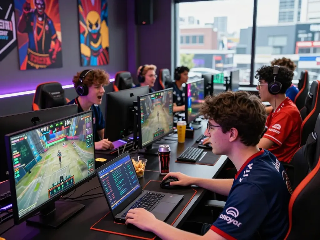 Players engaging in dynamic esports betting at https://gglbetsg.org/gglbet-sg/singapore-esports-betting-guide/ in a vibrant gaming lounge.
