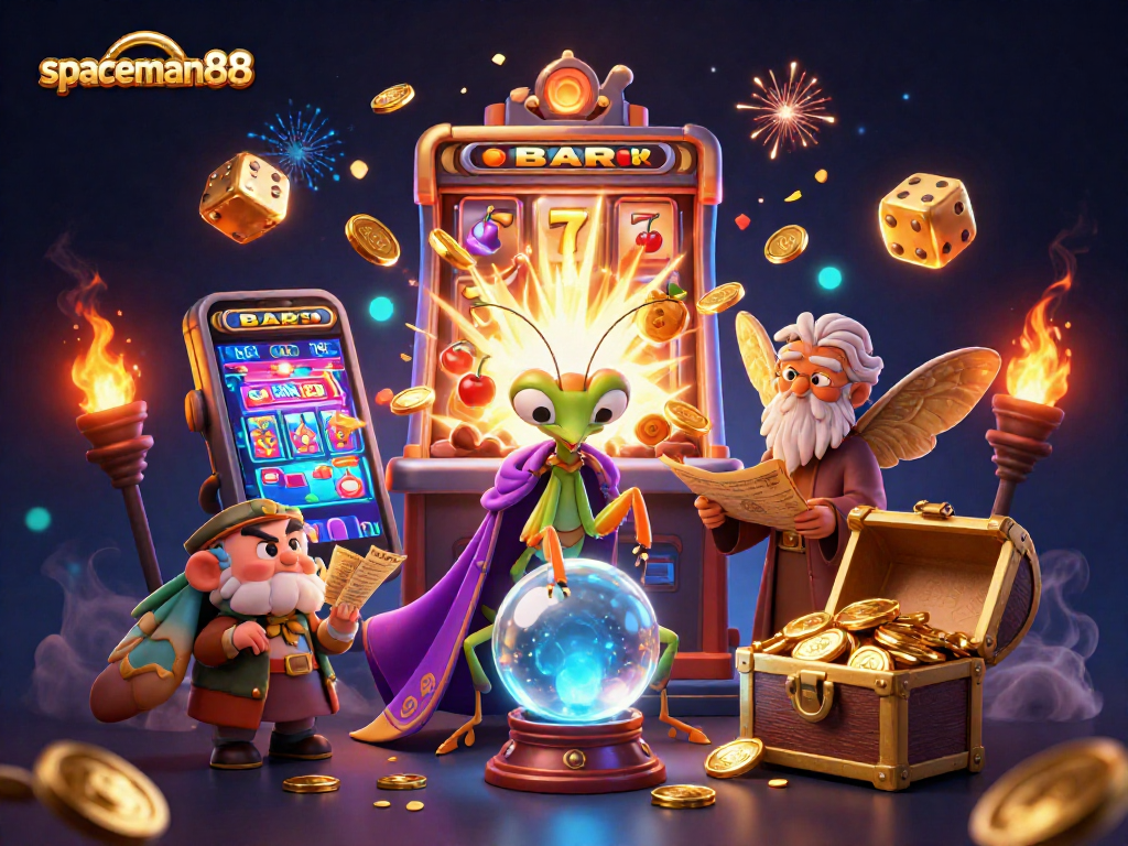 Experience the excitement of spaceman88 slots with vibrant characters and jackpot symbols in a dynamic casino scene.