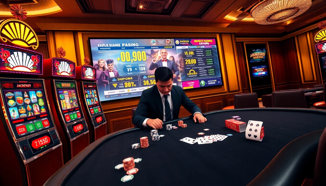 Memenangkan permainan di aman788 slot gacor dengan mesin slot yang berwarna-warni dan chip poker di kasino yang elegan.
