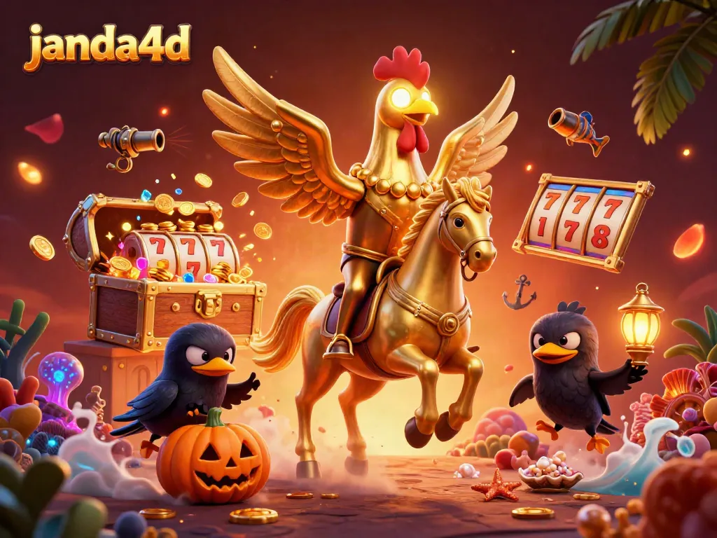 JANDA4D menampilkan ilustrasi 3D berwarna-warni penuh detail dengan unsur kasino dan elemen permainan.