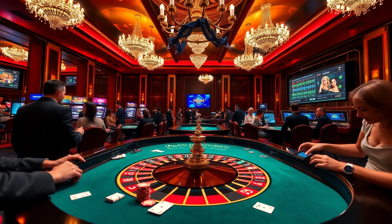 Players enjoying poker and roulette at https://rr88.bar/, surrounded by vibrant casino decor and excitement.