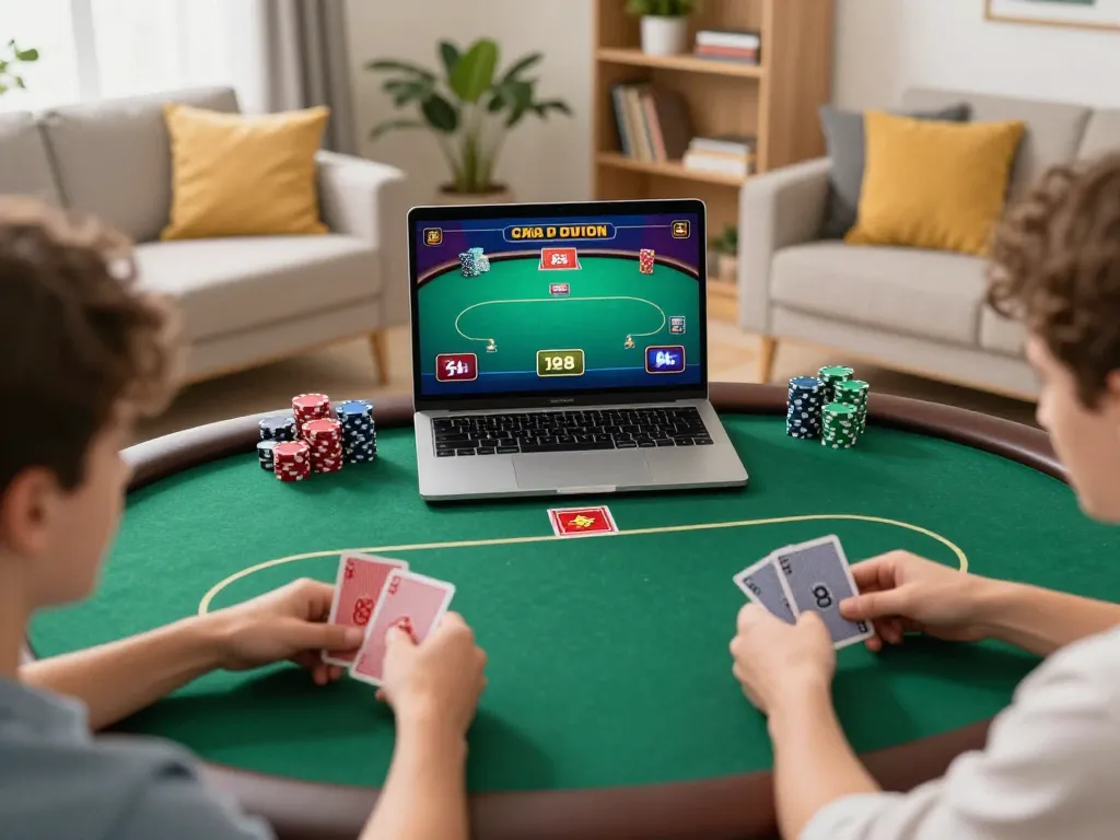 Play poker online at nhà cái SC88 in a cozy home setting, showcasing strategic gameplay on a laptop