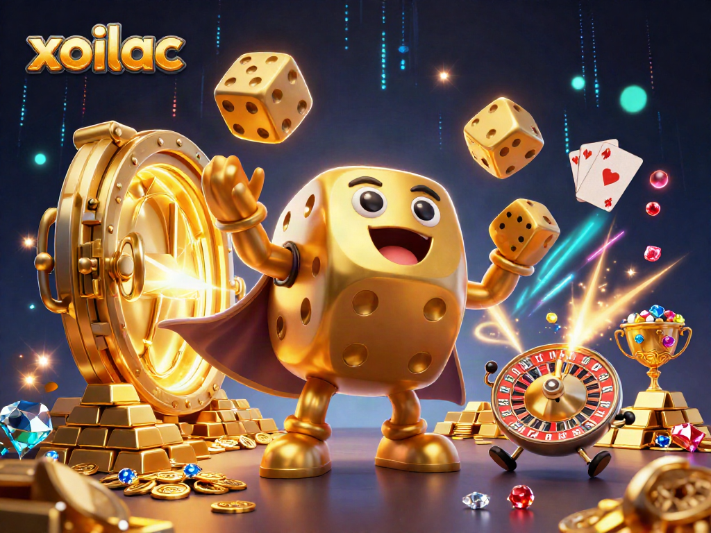 Xoilac mang đến hình ảnh của một golem xúc sắc vàng khổng lồ và bạn đồng hành trong thế giới sòng bạc