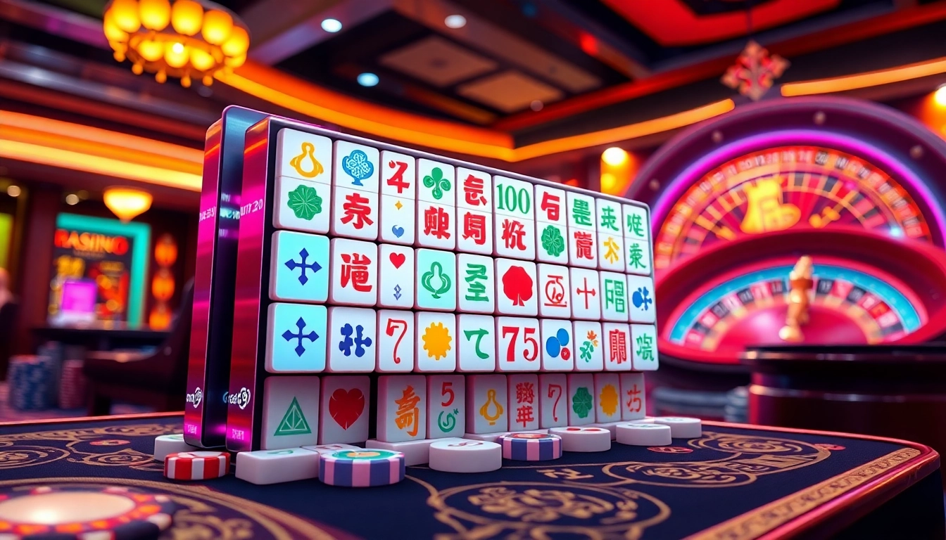 Spin the reels on the demo slot mahjong machine surrounded by exciting casino elements.