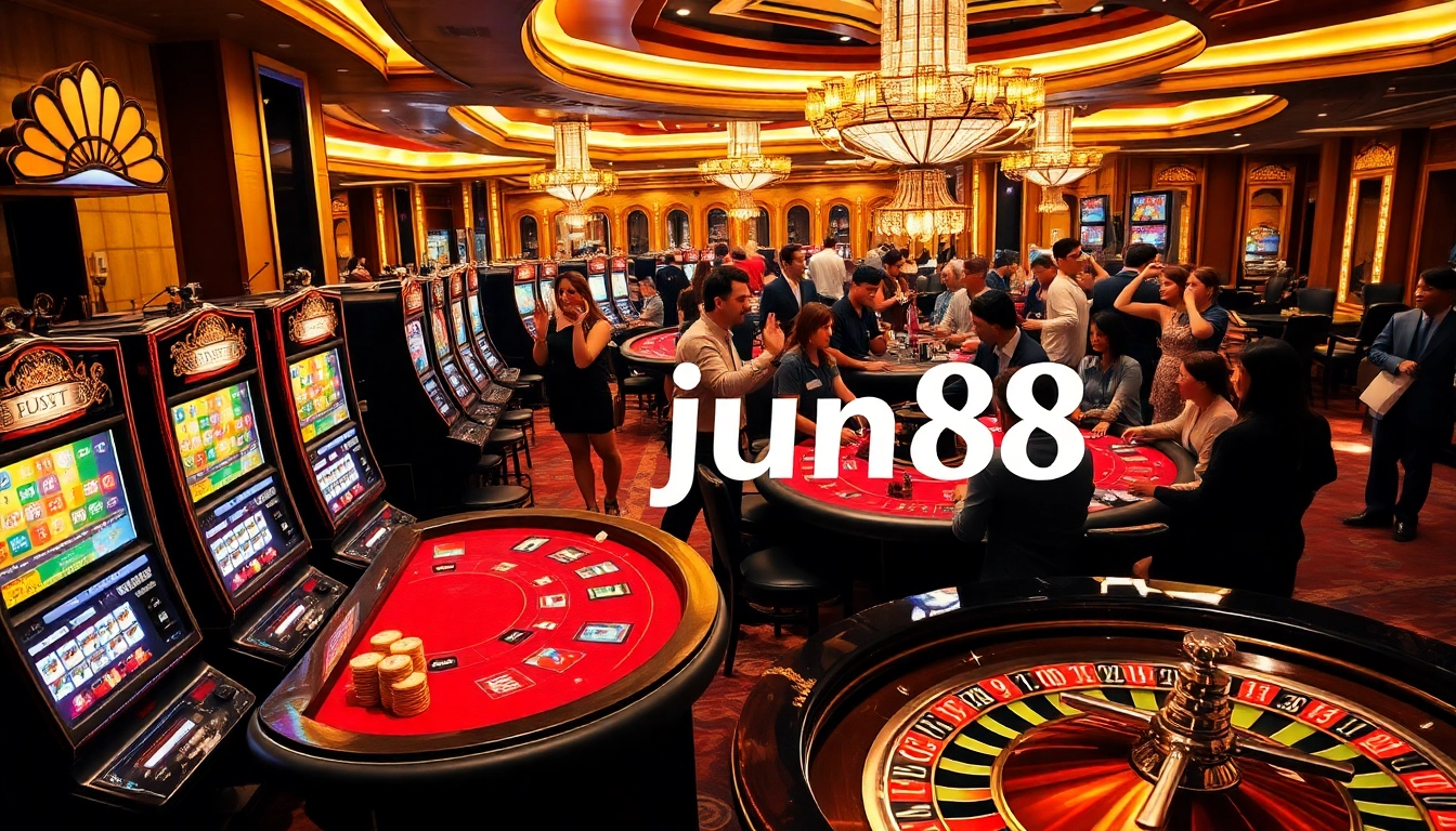 Players enjoying games at jun88 trang chủ, showcasing lively casino atmosphere with poker and slots.