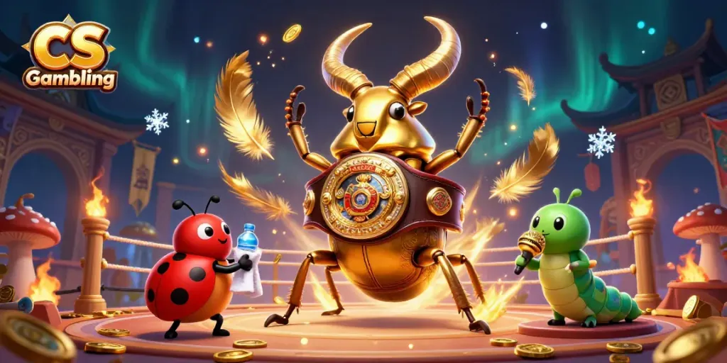 CS Gambling scene with a golden stag beetle boxing champion and a ladybug corner-man in a festive arena