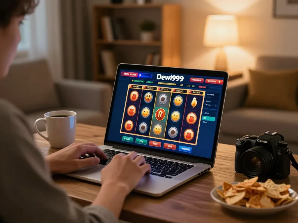 Sesi permainan online Dewi999 di rumah yang menunjukkan antarmuka permainan slot yang cerah dan suasana yang nyaman.