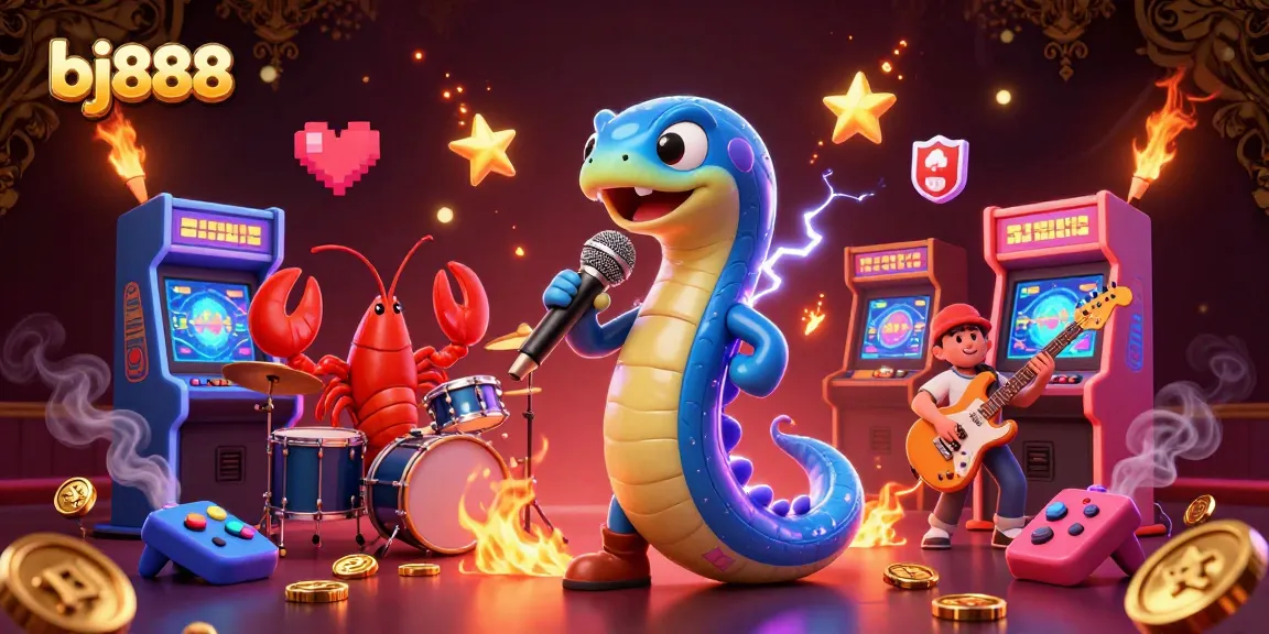 Experience thrilling gaming with bj888's underwater casino featuring vibrant characters, arcade elements, and luminescent designs.