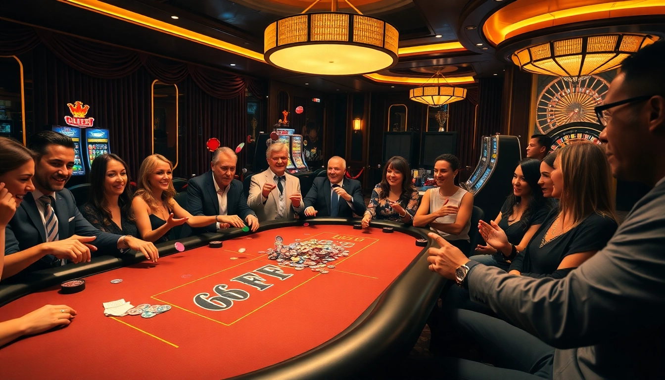 Experience the luxury of 6FF with excited gamblers at a vibrant poker table.