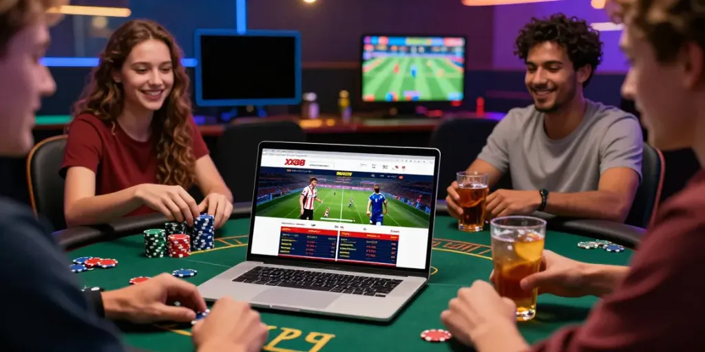 Diverse group enjoying online gambling on the XX88 platform with modern betting visuals.