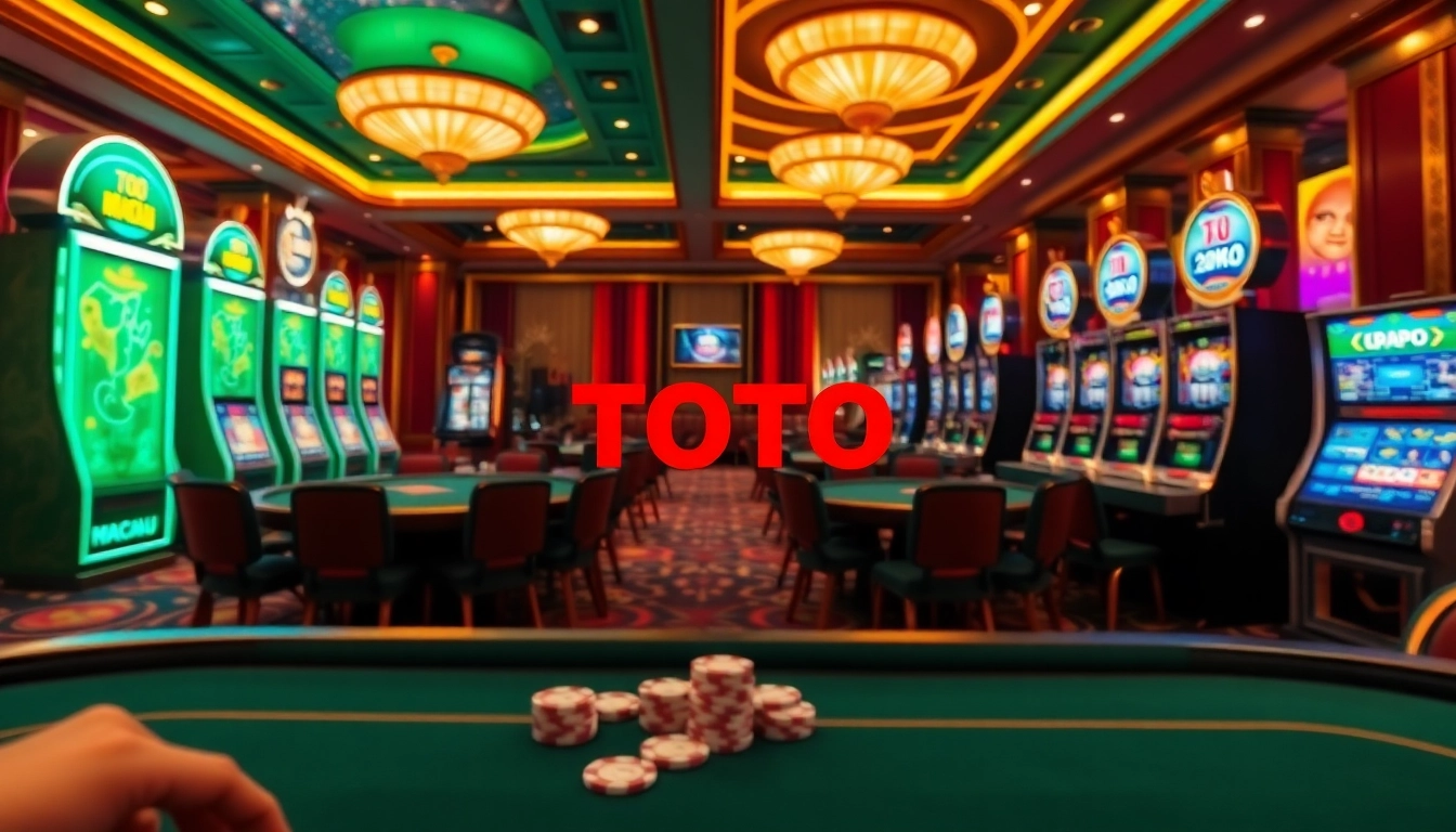 Toto Macau live draw with vibrant casino tables and chips, capturing the excitement of gambling.