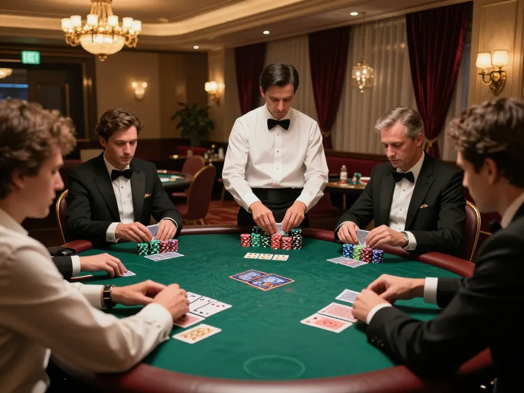 Engaged players at a high-stakes poker table strategizing during a game at the casino 45678.