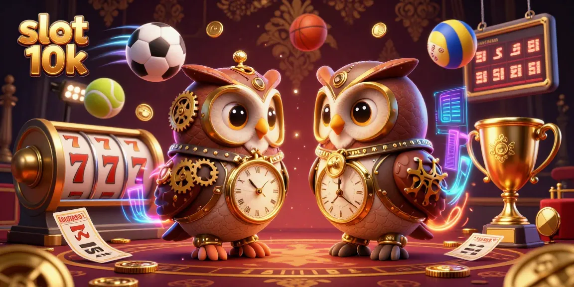 Experience excitement with slot 10k in this detailed illustration featuring a time-traveler owl amidst dynamic casino elements.