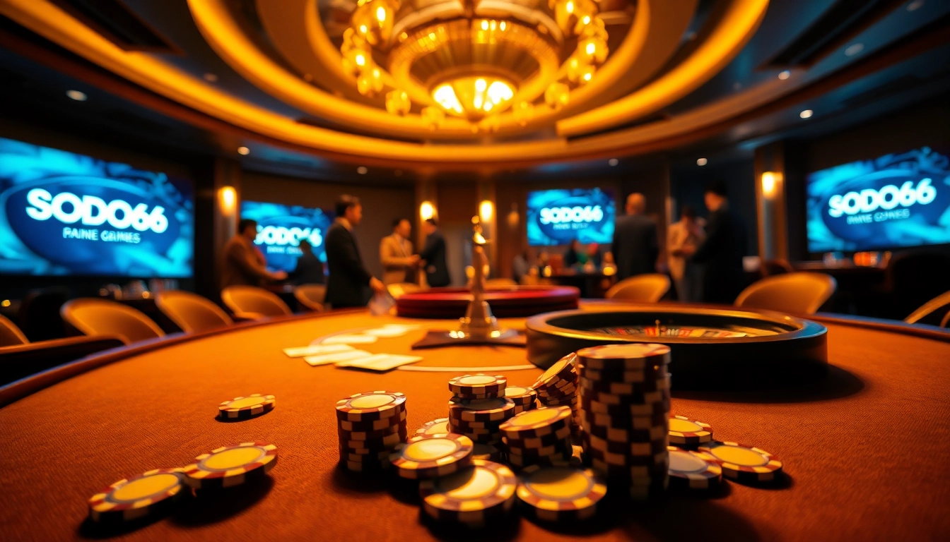 High-stakes poker game at SODO66 casino with vibrant chips and cards.