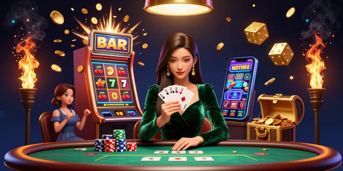 Experience the excitement of NEW88 with a stunning illustration of a poker game enriched by vibrant casino elements.