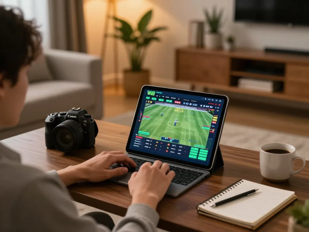 W88 online sports betting setup with a person engaged on a tablet at home, capturing an exciting gambling atmosphere.