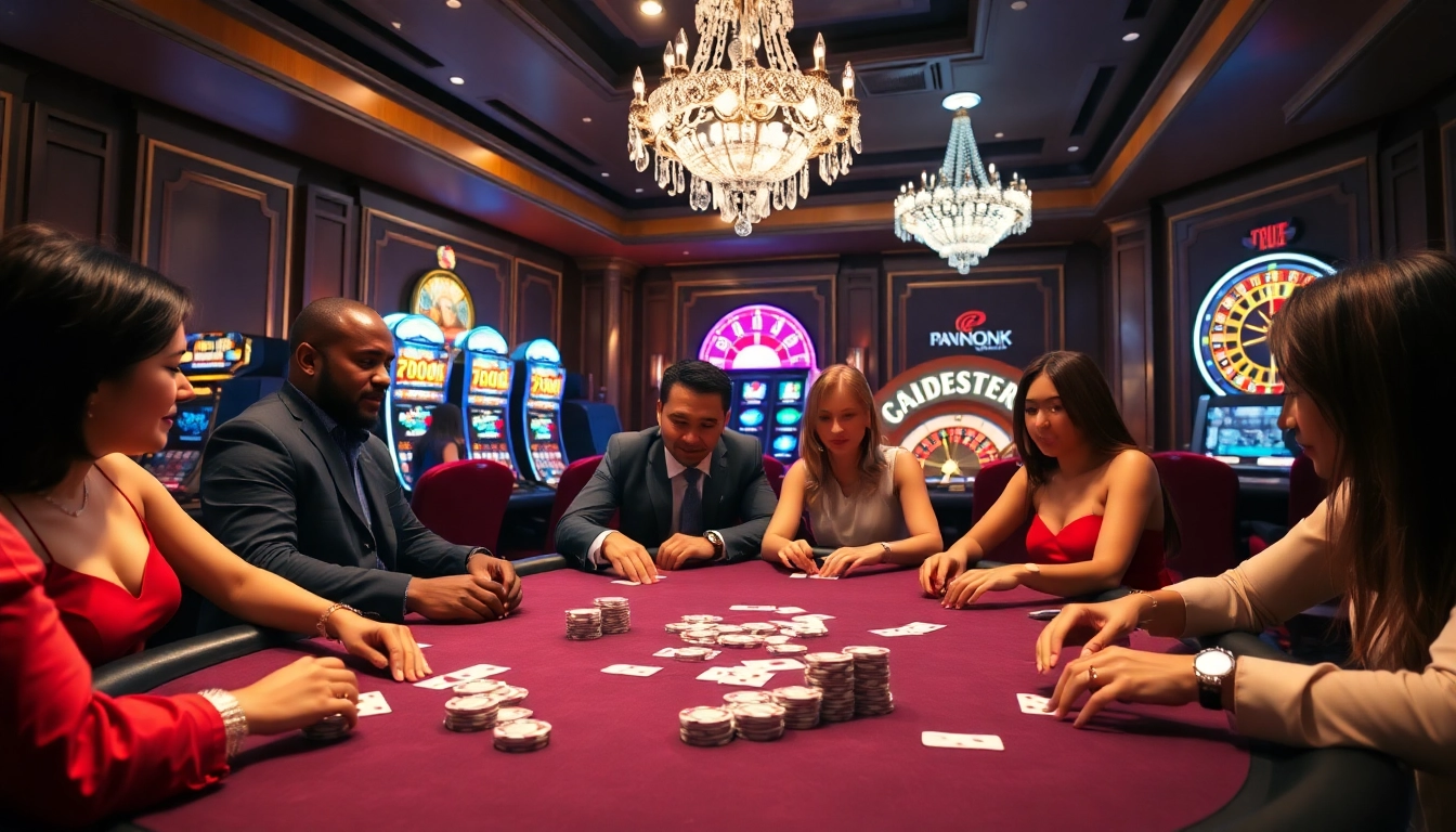Engaging players in a game đánh bài đổi thưởng at a luxurious casino with vibrant lights.